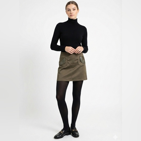 Tatyana Dresses & Skirts - TATYANA Olive Green Poly Blend Satin Faux Leather Pocket Flaps Lined Mini Skirt